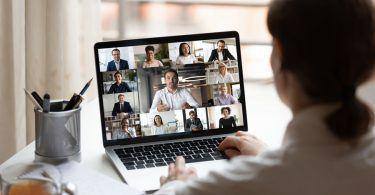 On Laptop Diverse People Collage Webcam View Over Woman Shoulder