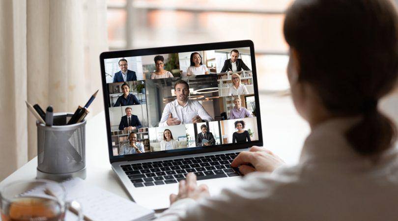 On Laptop Diverse People Collage Webcam View Over Woman Shoulder