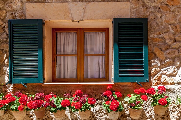 Janela Com Persianas Abertas E Vasos De Flores Desabrochando Janela Com Flores 463270 927